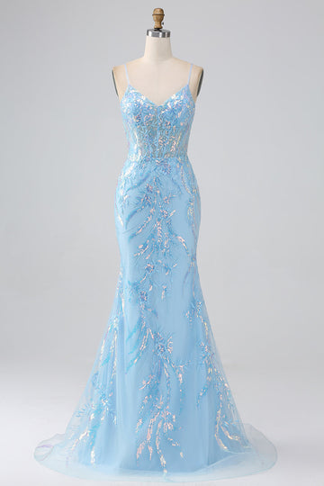 Vestido largo de fiesta de tirantes de espagueti de sirena azul claro brillante con abalorios